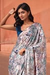 Naintara Bajaj_Off White Chinon V-neck Floral Print Pre-draped Saree With Blouse _Online_at_Aza_Fashions
