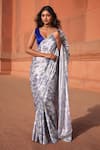 Buy_Naintara Bajaj_White Chinon V-neck Floral Print Pre-draped Saree With Blouse _at_Aza_Fashions