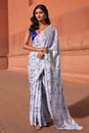 Buy_Naintara Bajaj_White Chinon V-neck Floral Print Pre-draped Saree With Blouse _at_Aza_Fashions