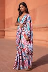 Buy_Naintara Bajaj_White Chinon V-neck Leaf Print Pre-draped Saree With Blouse _Online_at_Aza_Fashions