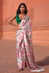 Buy_Naintara Bajaj_Pink Chinon V-neck Floral Bloom Print Pre-draped Saree With Blouse _at_Aza_Fashions