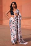 Buy_Naintara Bajaj_White Chinon V-neck Abstract Print Pre-draped Saree With Blouse _at_Aza_Fashions