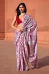 Buy_Naintara Bajaj_White Chinon, Brocade V-neck Geometric Print Pre-draped Saree With Blouse _at_Aza_Fashions