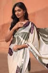 Buy_Naintara Bajaj_Off White Chinon V-neck Floral Bloom Print Pre-draped Saree With Blouse _Online_at_Aza_Fashions