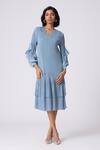 Buy_Scarlet Sage_Blue Polyester Fabric Flowers V-neck Sofia Layered Dress _at_Aza_Fashions