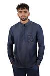 Buy_Raw & Rustic By Niti Bothra_Navy Tencel Embroidery, Patchwork Dark Blue Denim Kantha Pocket Kurta Shirt _at_Aza_Fashions