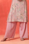 Shetab Kazmi_Pink Chanderi, Cotton Embroidery Split V-neck Floral Print Kurta Pant Set _Online_at_Aza_Fashions