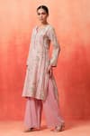 Shop_Shetab Kazmi_Pink Chanderi, Cotton Embroidery Split V-neck Floral Print Kurta Pant Set _Online_at_Aza_Fashions