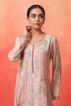 Shetab Kazmi_Pink Chanderi, Cotton Embroidery Split V-neck Floral Print Kurta Pant Set _at_Aza_Fashions