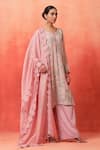 Buy_Shetab Kazmi_Pink Chanderi, Cotton Embroidery Split V-neck Floral Print Kurta Pant Set _at_Aza_Fashions