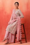 Shop_Shetab Kazmi_Pink Chanderi, Cotton Embroidery Split V-neck Floral Print Kurta Pant Set 