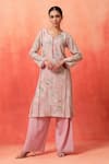 Shetab Kazmi_Pink Chanderi, Cotton Embroidery Split V-neck Floral Print Kurta Pant Set _Online
