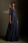 Shop_Charkhee_Blue Chanderi, Voile Embroidery V-neck Cresent Moon Pattern Tunic And Lehenga Set _at_Aza_Fashions