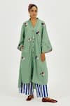 Buy_Jodi_Green Cotton Applique, Embroidery V-neck Emi Bird Charm Long Tunic _at_Aza_Fashions