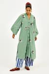 Jodi_Green Cotton Applique, Embroidery V-neck Emi Bird Charm Long Tunic _Online_at_Aza_Fashions