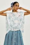 Buy_Jodi_White Linen, Satin Embroidery Round Neck Amari Printed Top _at_Aza_Fashions