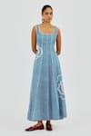 Jodi_Blue Linen Embroidery Square Neck Soro Check Dress _Online_at_Aza_Fashions