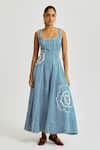 Buy_Jodi_Blue Linen Embroidery Square Neck Soro Check Dress _at_Aza_Fashions