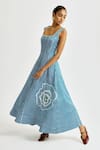 Jodi_Blue Linen Embroidery Square Neck Soro Check Dress _at_Aza_Fashions