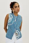 Buy_Jodi_Blue Linen, Satin Applique, Embroidery Round Neck Soro Check Waistcoat _at_Aza_Fashions