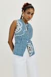 Jodi_Blue Linen, Satin Applique, Embroidery Round Neck Soro Check Waistcoat _Online_at_Aza_Fashions