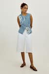 Buy_Jodi_Blue Linen, Satin Applique, Embroidery Round Neck Soro Check Waistcoat _Online_at_Aza_Fashions