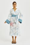Buy_Jodi_White Linen, Satin Embroidery Split V-neck Amari Kaftan Dress _at_Aza_Fashions