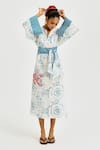 Jodi_White Linen, Satin Embroidery Split V-neck Amari Kaftan Dress _Online_at_Aza_Fashions