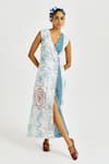 Buy_Jodi_White Linen, Satin Embroidery V-neck Amari Wrap Dress _Online_at_Aza_Fashions