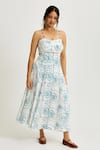 Buy_Jodi_White Linen, Satin Sweetheart Neck Amari Printed Dress _at_Aza_Fashions