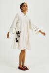 Shop_Jodi_White Cotton Applique, Embroidery Mandarin Collar Karbi Handloom Short Dress _at_Aza_Fashions