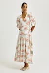 Shop_Jodi_White Handloom Cotton Embroidery V-neck Moor Handwoven Wrap Dress _at_Aza_Fashions