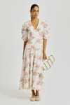 Buy_Jodi_White Handloom Cotton Embroidery V-neck Moor Handwoven Wrap Dress _at_Aza_Fashions