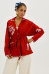 Buy_Jodi_Red Cotton Embroidery Collared Oro Handloom Shacket _at_Aza_Fashions