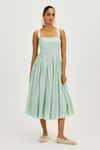 Buy_Jodi_Green Muslin, Silk Embroidery, Beads Square Neck Cuna Pleated Dress _at_Aza_Fashions
