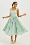 Shop_Jodi_Green Muslin, Silk Embroidery, Beads Square Neck Cuna Pleated Dress _at_Aza_Fashions