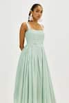 Shop_Jodi_Green Muslin, Silk Embroidery, Beads Square Neck Cuna Pleated Dress _Online_at_Aza_Fashions