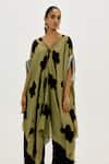 Jodi_Green Chanderi V-neck Kuro Asymmetrical Kaftan Dress _Online_at_Aza_Fashions