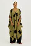 Jodi_Green Chanderi V-neck Kuro Asymmetrical Kaftan Dress _at_Aza_Fashions
