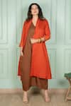 Gothilo_Brown Linen Lace V-, Open Gulmohar Jacket And Jumpsuit Set _Online_at_Aza_Fashions
