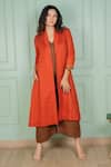 Gothilo_Brown Linen Lace V-, Open Gulmohar Jacket And Jumpsuit Set _at_Aza_Fashions