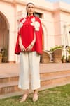 Shop_Nika 1.0_Red Crepe Embroidery Collared And White Cape Top _at_Aza_Fashions
