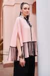 Nika 1.0_Pink Crepe Fringe, Ribbons High Neck Black And Strings Cape Top _Online_at_Aza_Fashions