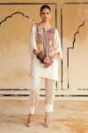 Shop_Rainas_Cream Satin Embroidery, Tassels, Beads Split Barmer Dusk Printed Top And Pant Set _at_Aza_Fashions