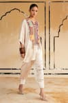 Rainas_Cream Satin Embroidery, Tassels, Beads Split Barmer Dusk Printed Top And Pant Set _at_Aza_Fashions