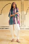 Buy_Rainas_Teal Cotton, Silk, Satin Collared Pokhran Blush Printed Top And Dhoti Pant Set _Online_at_Aza_Fashions