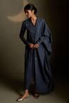 Buy_Charkhee_Navy Chanderi, Voile, Cotton Embroidery Split V-neck Moon Pattern Kurta Set _at_Aza_Fashions