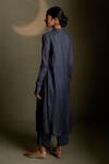 Shop_Charkhee_Navy Chanderi, Voile, Cotton Embroidery Split V-neck Moon Pattern Kurta Set _at_Aza_Fashions