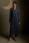 Charkhee_Navy Chanderi, Voile, Cotton Embroidery Split V-neck Moon Pattern Kurta Set _Online_at_Aza_Fashions