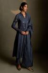Shop_Charkhee_Navy Chanderi, Voile, Cotton Embroidery Split V-neck Moon Pattern Kurta Set _Online_at_Aza_Fashions
